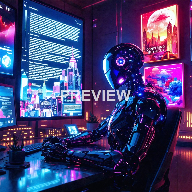 A humanoid robot with a sleek, futuristic design sitting at a desk in a high-tech control room filled with vibrant neon lights and multiple digital screens displaying cityscapes and data.